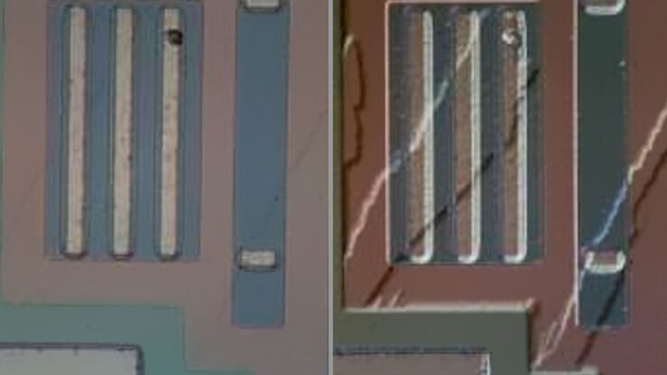 Images of the same area of a processed wafer taken with standard (left) and oblique (right) brightfield illumination using a Leica compound microscope. The defect on the wafer surface is clearly more visible with oblique illumination.